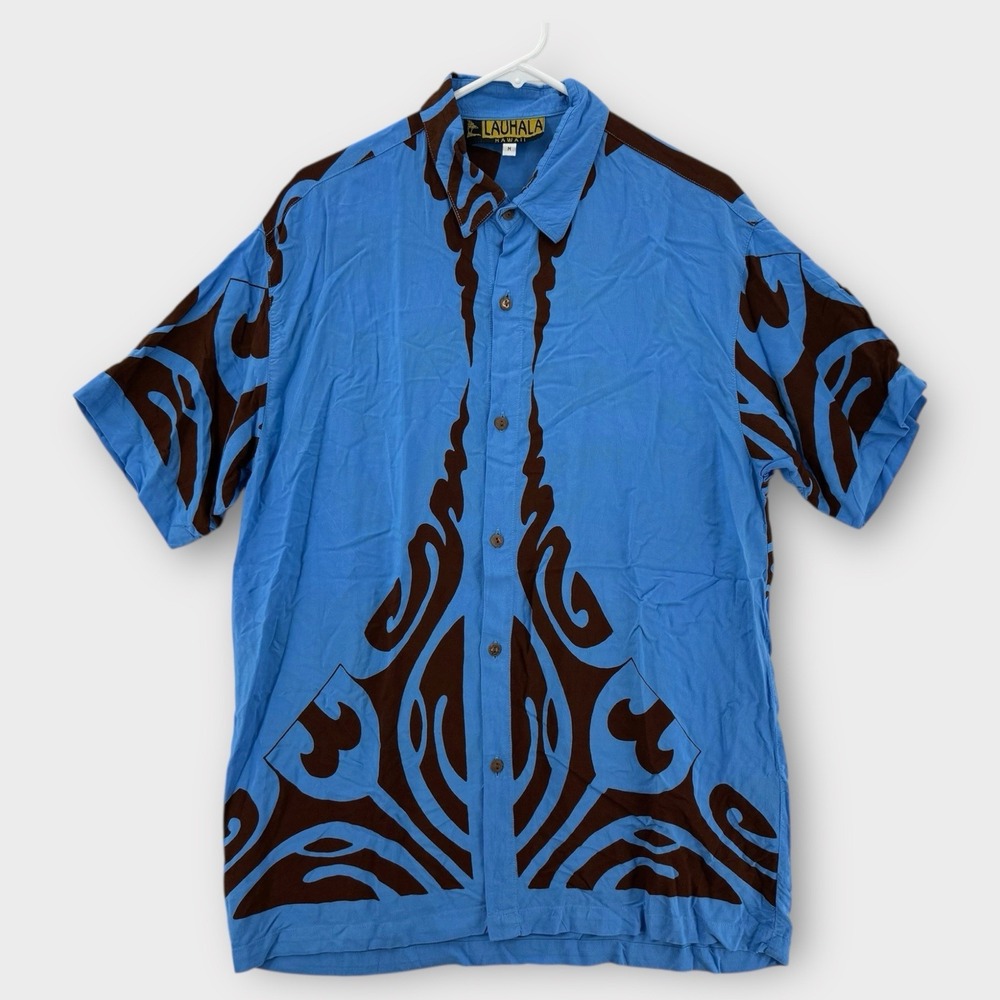 Vintage Lauhala Hawaiian Shirt Mens Medium‎ Tribal Print Blue Brown Aloha Rayon
